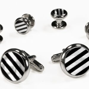 Black and white circular onyx and mother of pearl stripes with silver trim studs and links