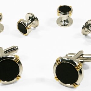Black Circular Onyx with silver trim and gold accent studs and links