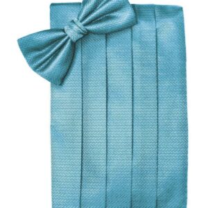Blue Ice Herringbone Cummerbund and Tie