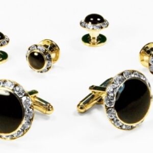 Black circular enamel with rhinestones and gold edge