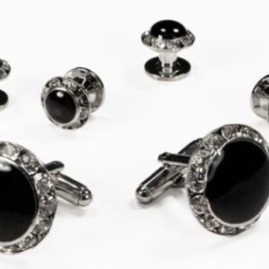 Black circular enamel with rhinestones and silver edge