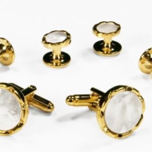 White circular Mother of Pearl with gold diamond cut edge studs and links