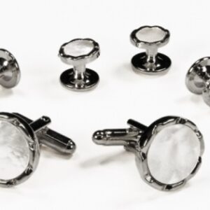 White circular Mother of Pearl with silver diamond cut edge studs and links