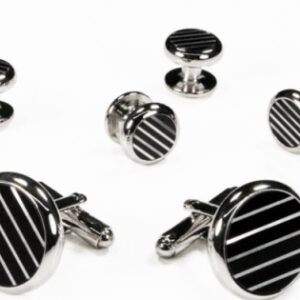 Black and white circular onyx and mother of pearl mini stripes with silver trim studs and links