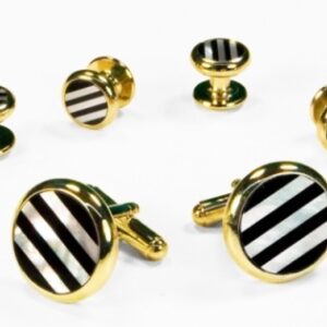 Black and white circular onyx and mother of pearl stripes with gold trim studs and links