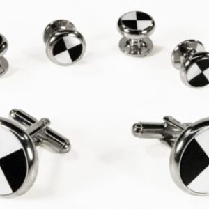 Black and white circular onyx and mother of pearl triangles with silver trim studs and links