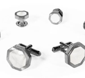 White Octagon Mother of Pearl with silver ribbed edge studs and links